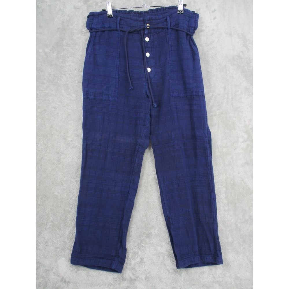 Sundance Pants Womens Large‎ Blue Cotton Textured Button Fly Belted Drop Crotch